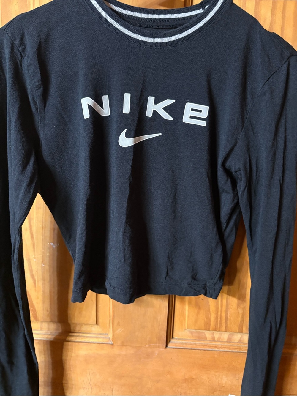 Nike Black Crop Long-Sleeve Top with White Logo